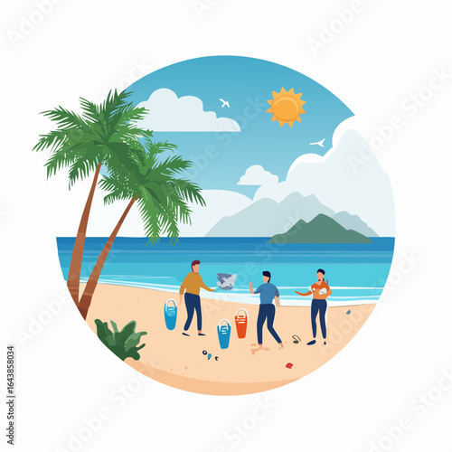 Volunteers Cleaning Up Beach, Promoting Environmental Awareness and Protection.