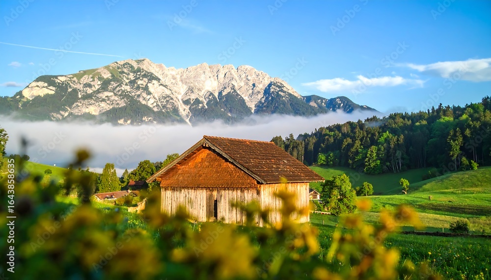 Fototapeta premium Rustic wooden barn in mountainous landscape