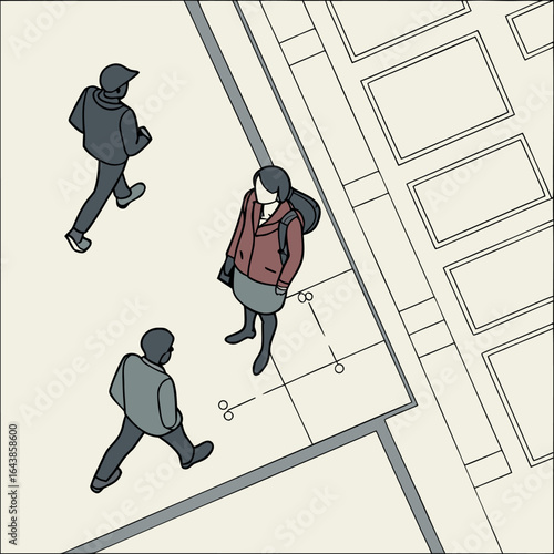 Isometric Illustration of Three Pedestrians Walking on a Sidewalk Near Buildings, Presenting a Simple Urban Scene