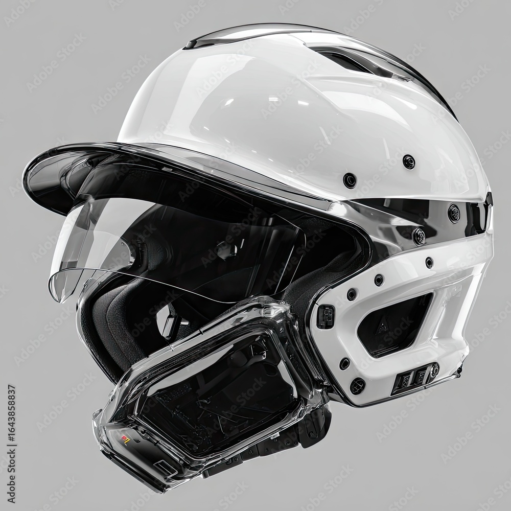 Fototapeta premium Sleek white baseball helmet with attached clear protective facemask and a transparent black device on the side
