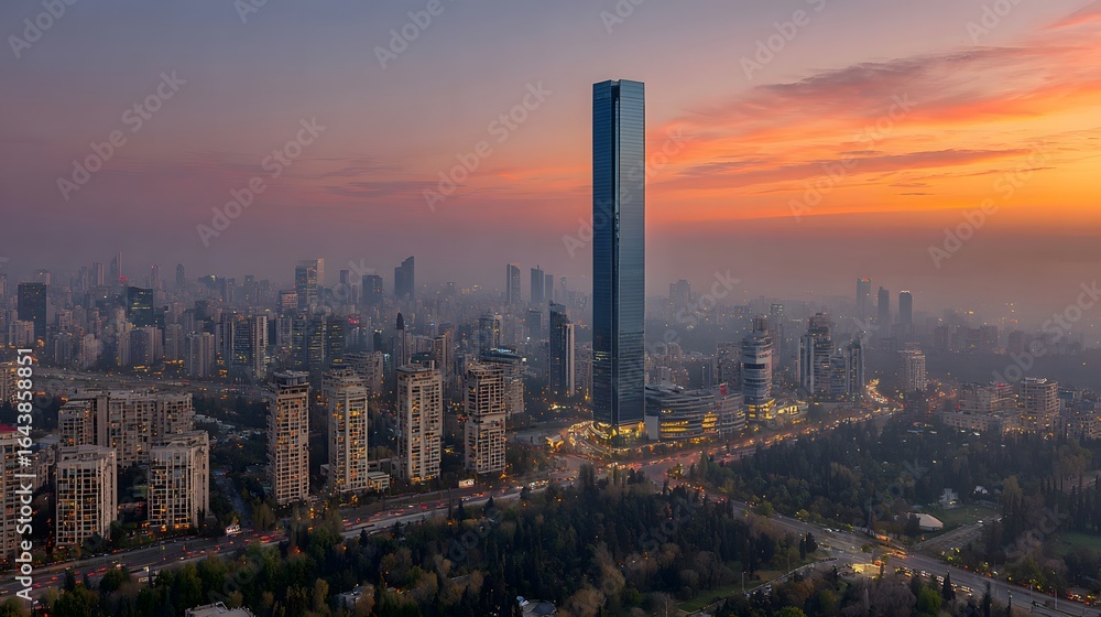 Fototapeta premium Cityscape panorama at sunset, showcasing tall buildings and a parkland area.