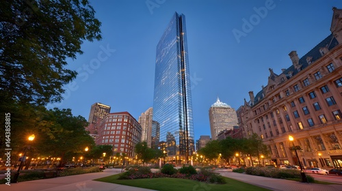 Modern skyscraper amidst historic buildings in a city park at twilight.