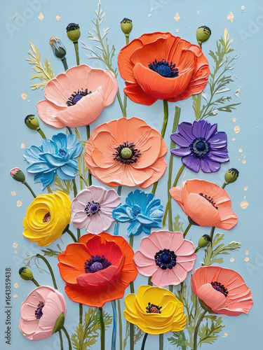 Cheerful colorful flower bouquet painting with vibrant texture. Beautiful impasto art featuring poppy and anemone on blue background. This handmade artwork feels joyful