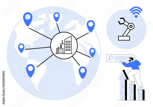 Factory at center of global map network connected to multiple locations, robotic arm with wireless signal, man on bar graph searching. Ideal for technology, industry, logistics, automation
