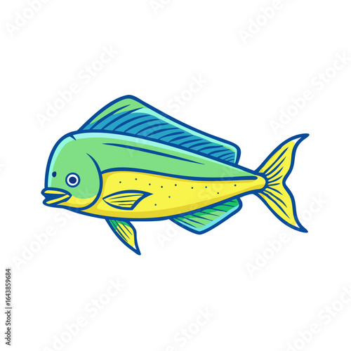Cartoon mahi-mahi fish swimming isolated on a black background