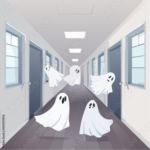 Cartoon Ghosts Floating Down a Long Hallway with Doors and Windows