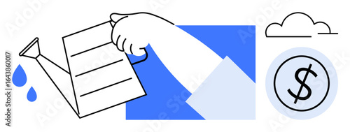 Hand holds watering can pouring water onto a document, suggesting nurturing financial growth and investment. Ideal for business, investment, finance, strategy, growth, sustainability success. Simple