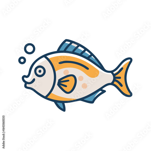 Cheerful cartoon fish illustration swimming with bubbles, isolated image
