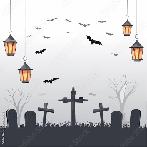 Spooky Halloween Graveyard Scene with Bats Tombstones Crosses and Hanging Lanterns