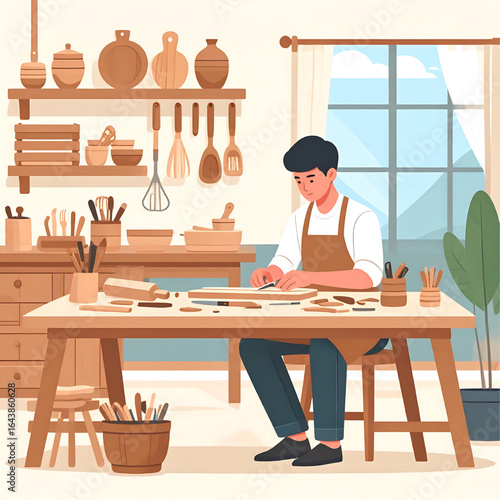 A woodworker meticulously crafts wooden items in a cozy workshop filled with tools and supplies.