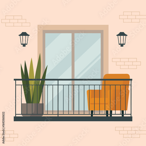 Balcony with Orange Armchair and Plant, Framed by Lights and Brick Accents