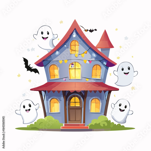 Whimsical Halloween House with Friendly Ghosts and Festive Decorations