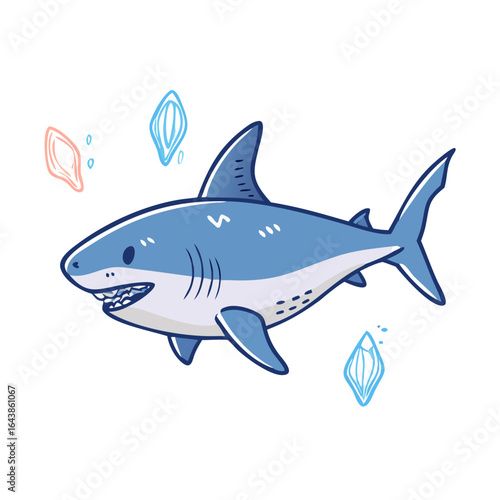 Cute cartoon shark illustration with abstract shapes around it