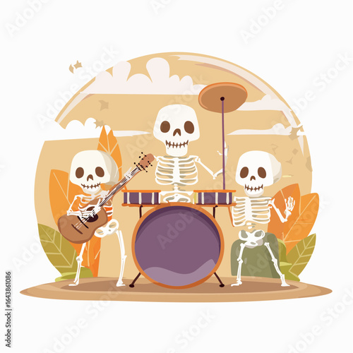 Animated Skeletons Performing Music with Guitar and Drums in a Band Setting