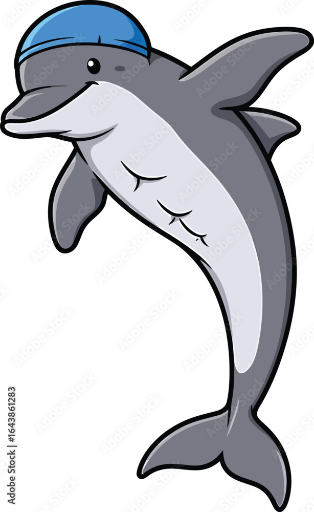 Fototapeta premium Cute Swimming Dolphin Clipart Vector Illustration of Cartoon Dolphin Wearing Blue Swim Cap