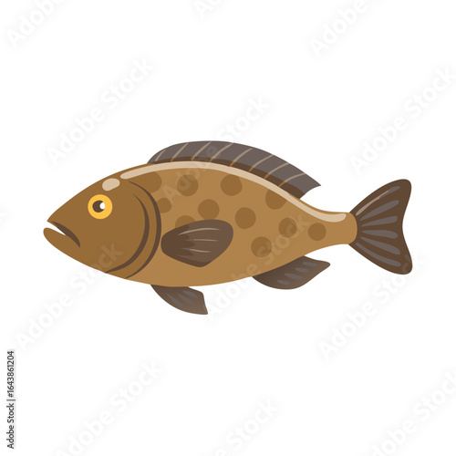 Cartoonish brown spotted fish swimming on black background image