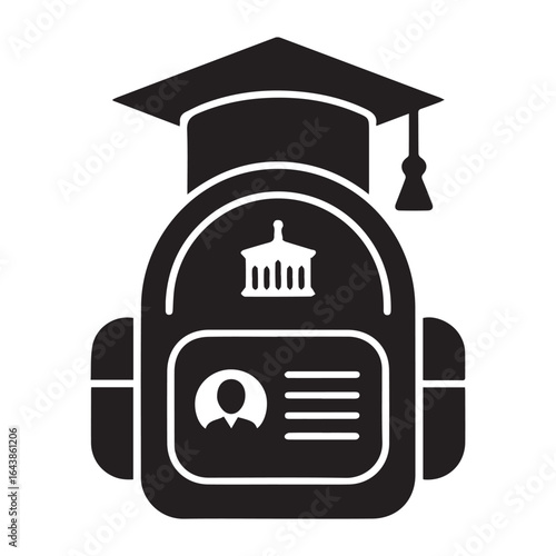 Vector art of black silhouette of a backpack with a graduation cap and student id, representing education and academic pursuits, isolated on a plain background