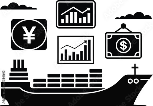 Cargo Ship Financial Growth and Currency Icons on White Background freight logistics