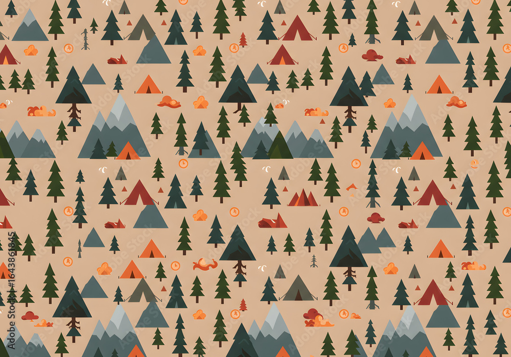 Seamless camping pattern with mountains trees and tents background