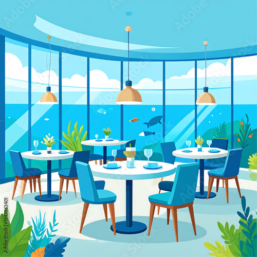 Ocean-view restaurant with tables set for diners, featuring a panoramic window showcasing underwater marine life.
