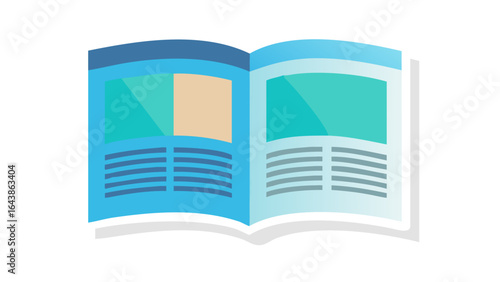 Open magazine with blue and teal pages and text blocks