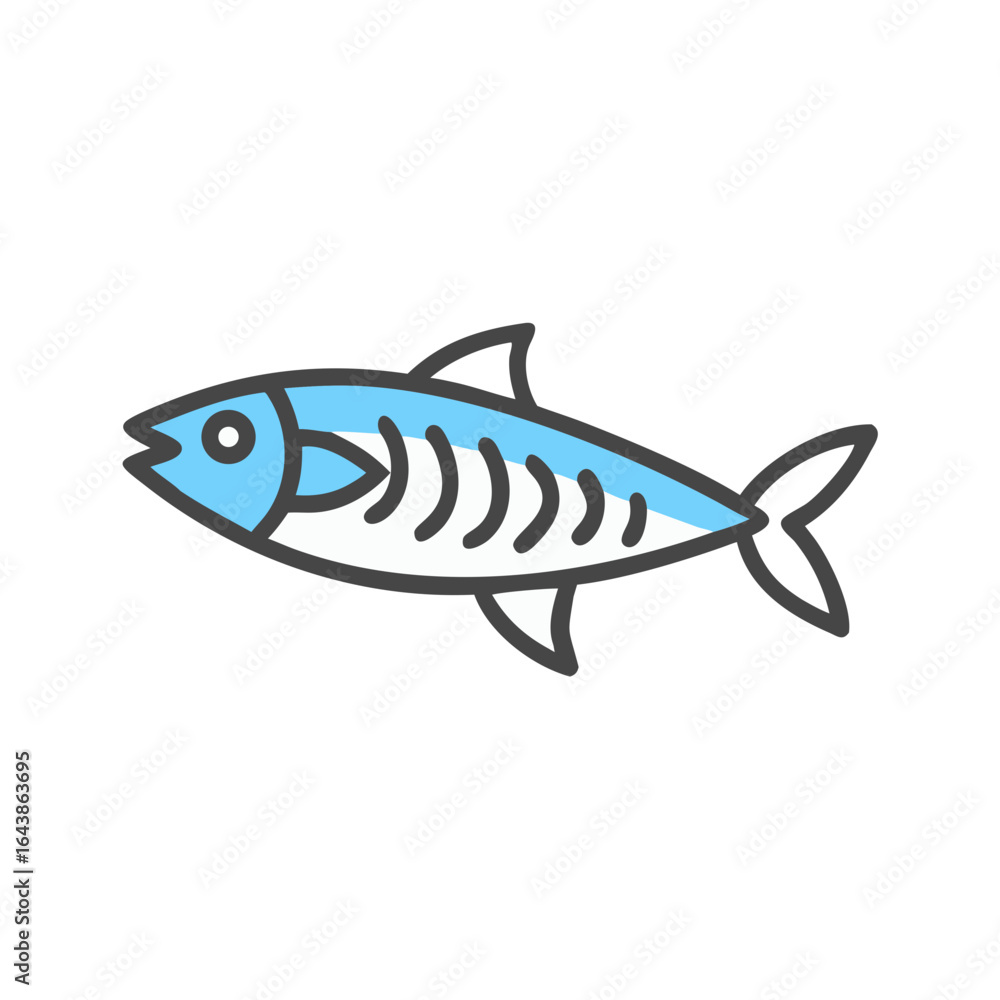 Fototapeta premium Stylized Blue Fish Illustration with Grey Outlines on Black