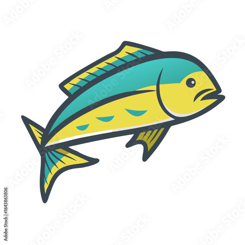 Cartoon style dorado fish swimming against black background illustration
