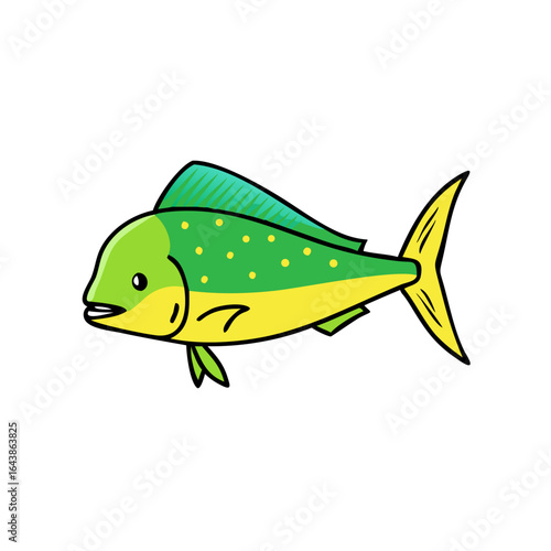 Cartoon Mahi Mahi fish against black background graphic illustration