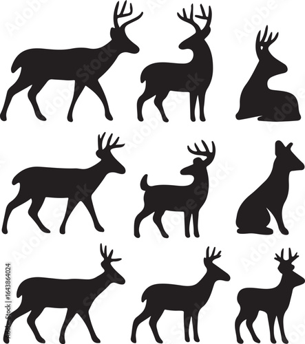 White tailed Deer Silhouettes Set Minimal Black Vector Icons on Transparent Background