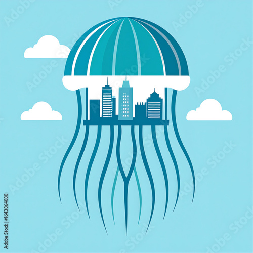 Whimsical illustration depicts a city skyline enclosed within a stylized jellyfish, floating in the sky.