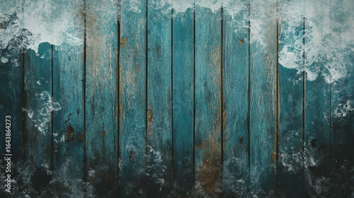 Teal painted wooden planks with ice formations.