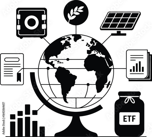 Global Finance Icons With Safe Solar Panel And ETF Jar economy investment