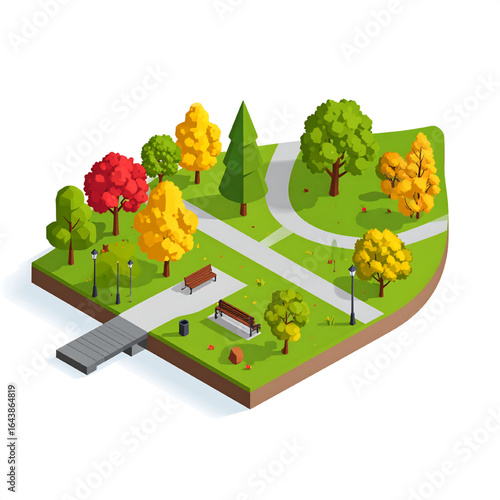 Isometric illustration of an autumn park with colorful trees, pathways, benches, and a small footbridge.