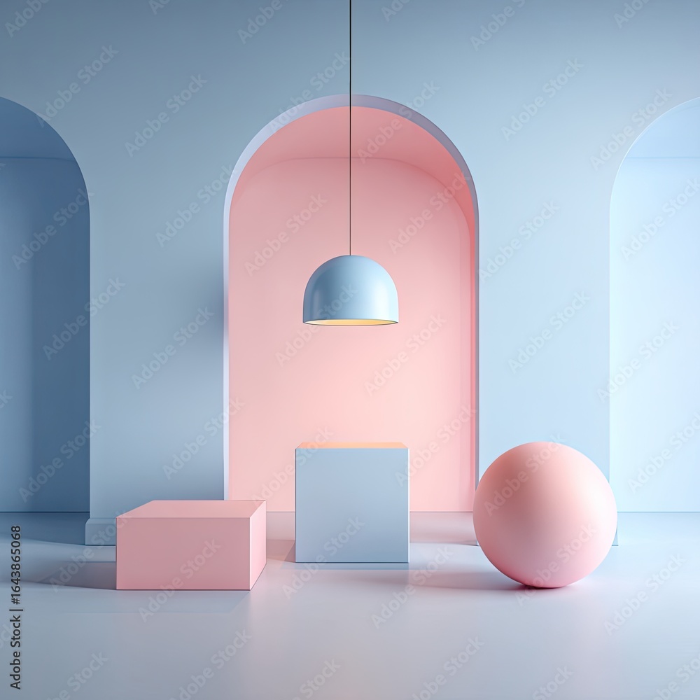 Fototapeta premium Pastel pink and blue arched room with hanging light, cube, and sphere product display