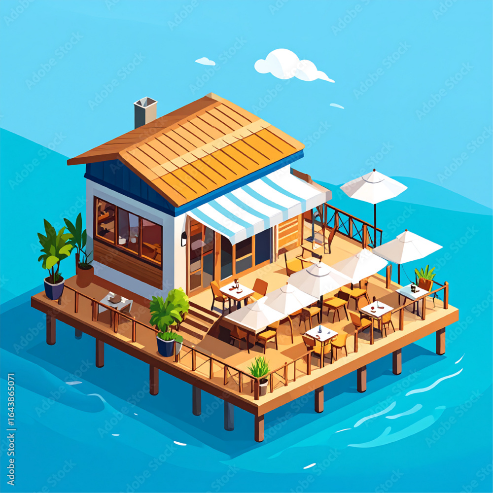 Fototapeta premium Isometric illustration of a seaside cafe on a floating platform, complete with tables and umbrellas.