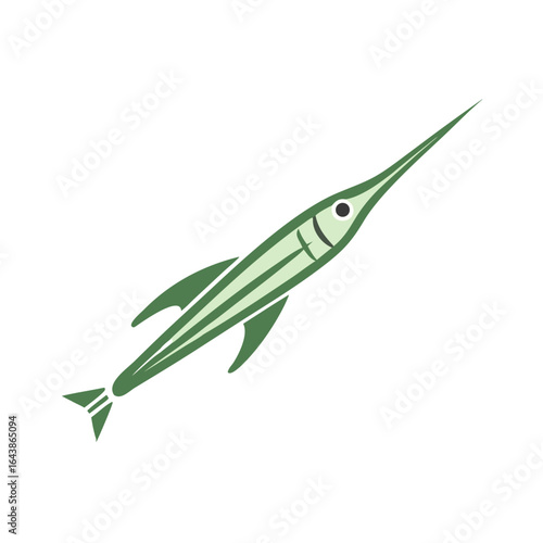 Green stylized swordfish against a stark black background illustration