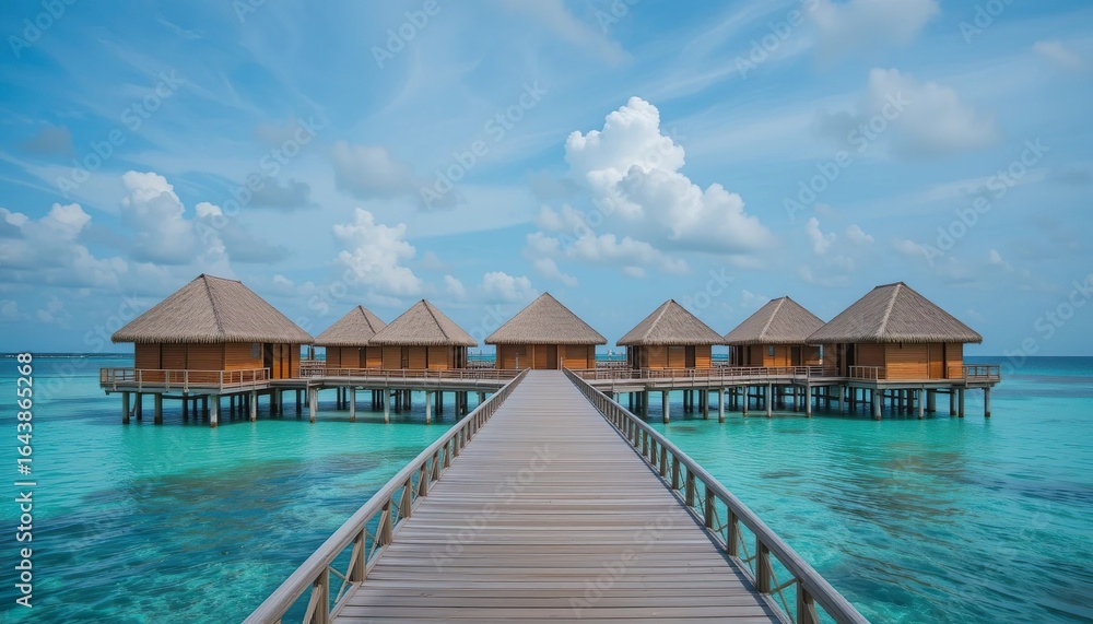 Obraz premium Overwater bungalows in a tropical paradise with crystal-clear turquoise waters, white sandy beach, and a sunny blue sky