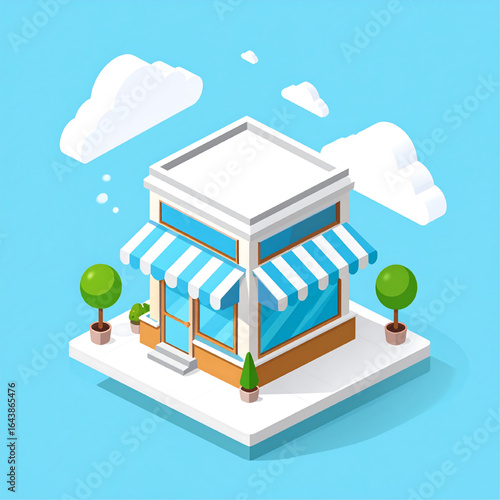 Isometric illustration of a small, charming storefront with blue and white striped awning, potted plants, and fluffy clouds.