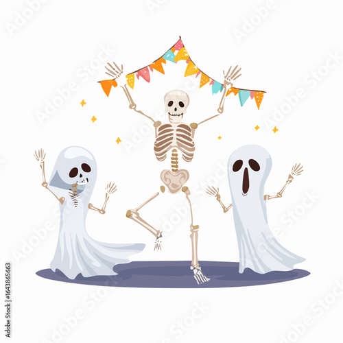 Festive Halloween Party with Dancing Skeleton and Two Spooky Ghosts