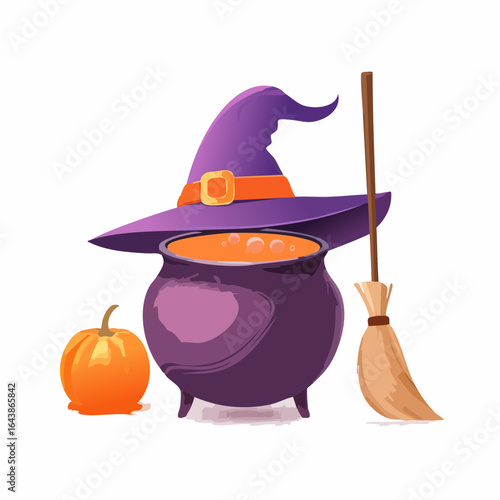Cartoon Witchs Cauldron with Hat Broom and Pumpkin Peel for Halloween