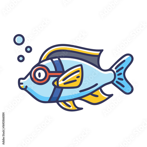 Cartoon fish illustration swimming in deep dark ocean water