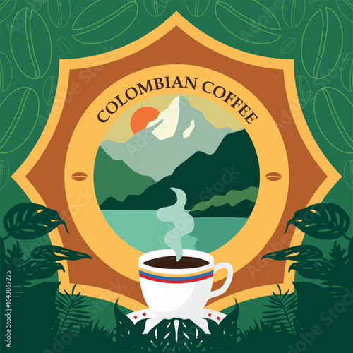 Colombian coffee from the mountains of South America, among silhouettes of leaves and branches from the jungle and the Colombian coffee region.