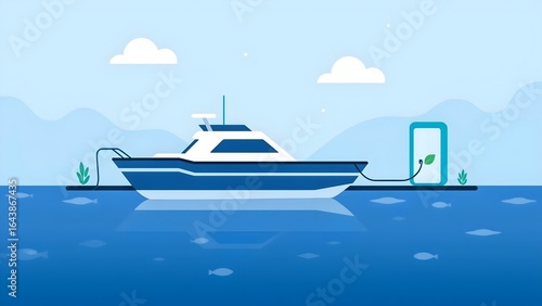 Electric Boat with Solar Panel at Eco-Friendly Marina – Flat Minimal Illustration