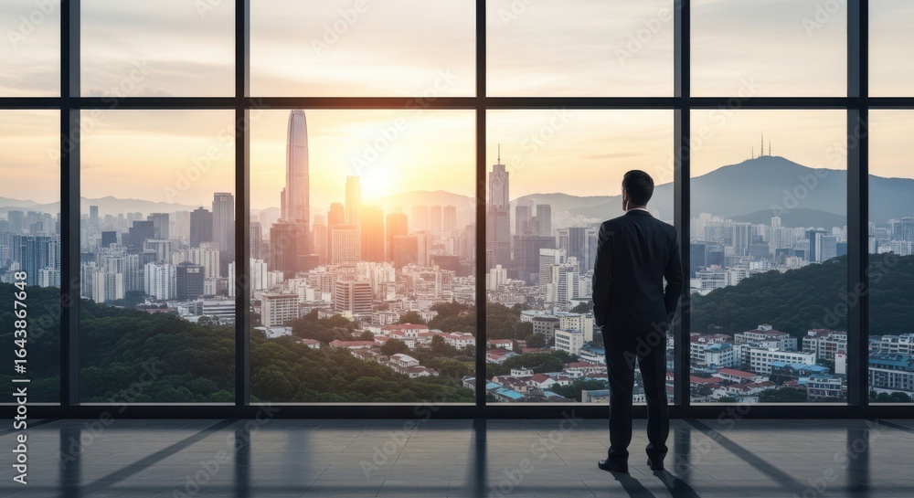 Fototapeta premium Businessman looking at the city skyline through a large office window at sunset