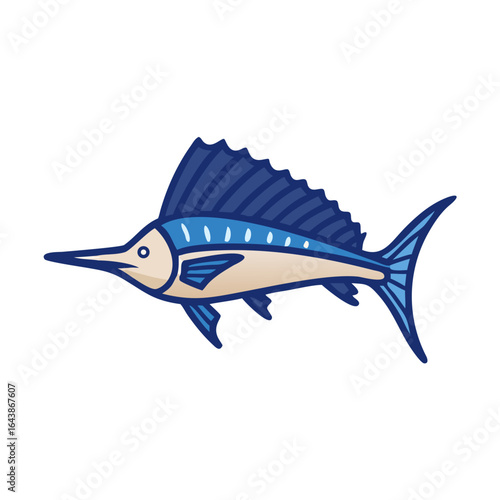 Stylized cartoon marlin on black background swims to right