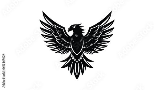 Stylized black phoenix bird with wings spread wide in flight