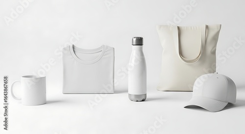 Neutral arrangement presents a clean white mug, t-shirt, bottle, tote bag, and cap mockup.