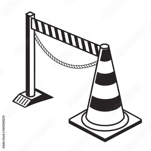 Isometric black icon of a safety cone and traffic barrier. A vector line art illustration for warning, restriction, and under construction concepts.