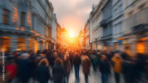 Busy urban street with a crowd of people walking, dynamic motion blur effect, warm golden sunlight in the distance, modern city buildings on both sides, cinematic perspective, vibrant and atmospheric