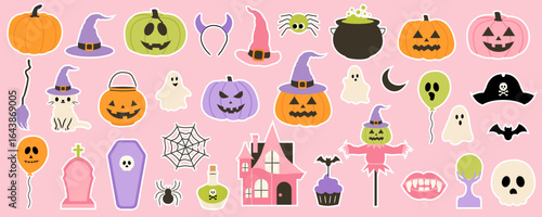 Set of Hand drawn Halloween stickers. Pumpkin, witch hat, cauldron, haunted house, ghost, tombstone. Cute festive doodles for invitations, greeting cards, posters.